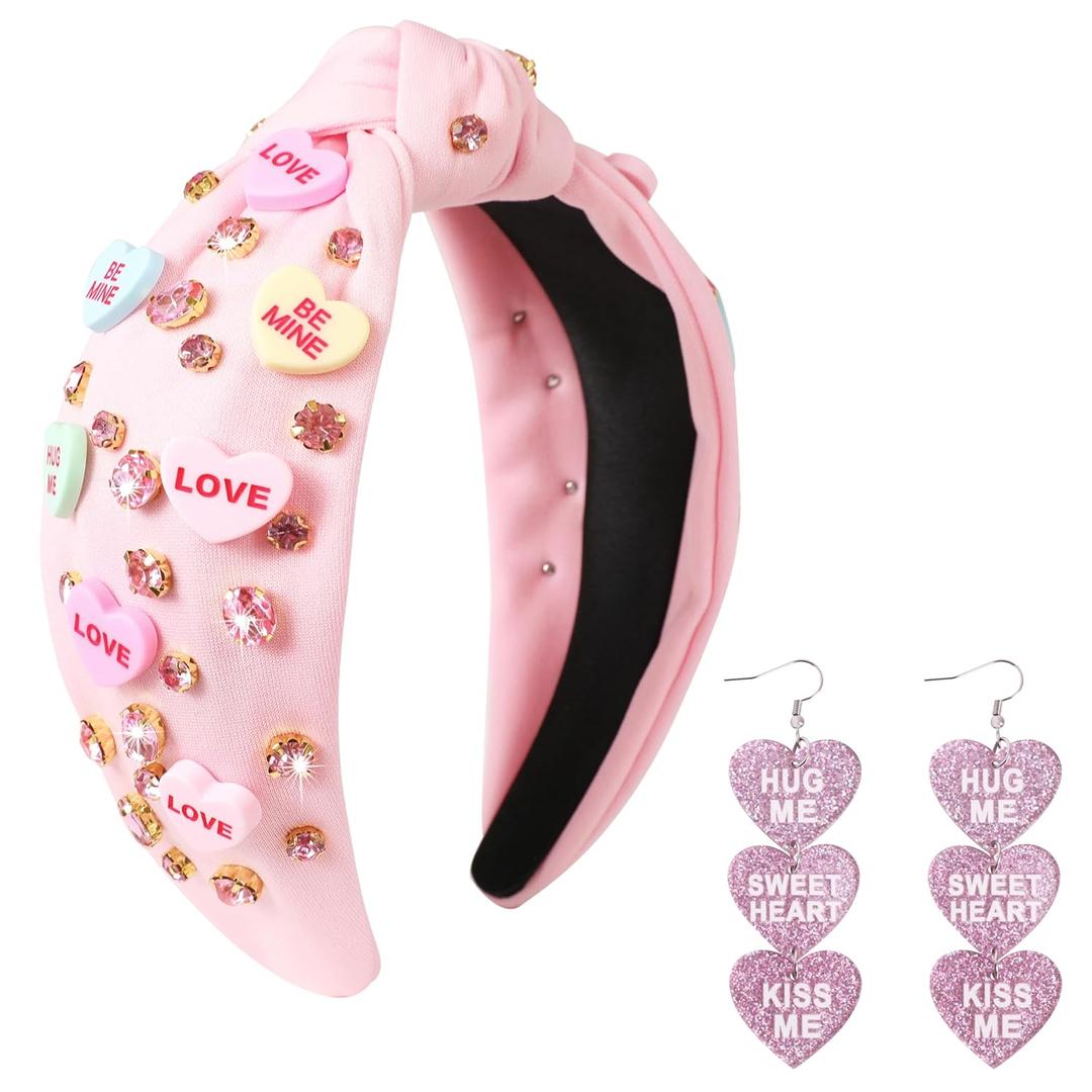 Valentines Day Candy Heart Headbands for Women Red Pink Love Conversation Heart Headband Rhinestone Jeweled Knotted Hairband Valentines Day Gifts Head Band with Earrings