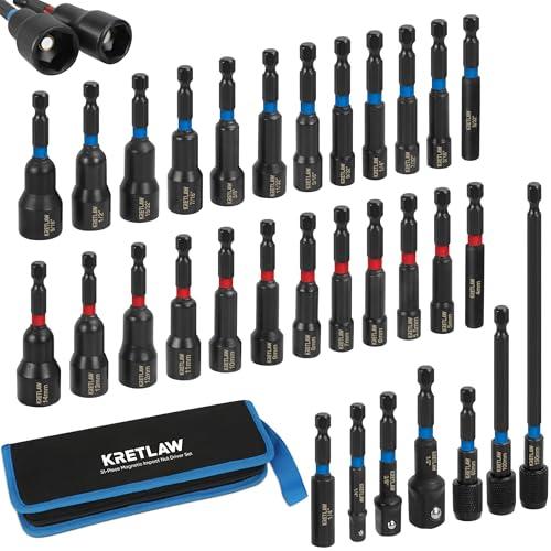 KRETLAW 20PCS Magnetic Nut Driver Set, Impact Drill Driver Bit in Cr-V, SAE & Metric Power Nut Drivers with Quick-release Extensions & 1/4" Hex Shank