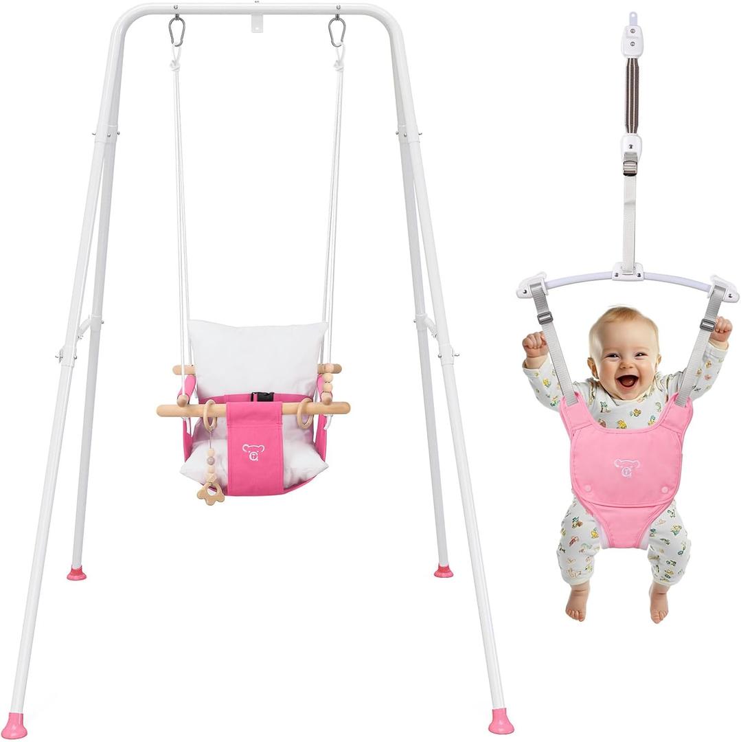 2-in-1 Baby Jumper & Swing - Foldable Stand, Stable Toddler Swing Set for Indoor & Outdoor Use (Pink)