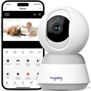 Hugolog 3K 5MP Indoor Pan/Tilt Security Camera with Auto-Focus, Ideal for Baby Monitor/Pet Camera/Home Security, Starlight Color Night Vision, Human/Pet AI, Noise Reduction, US Cloud, Works with Alexa (White)