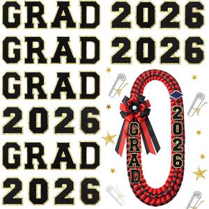 Lyrow 32 Pcs Self Adhesive Grad 2026 Iron on Patches Sew on Chenille Letter Patches Glitter Graduation Embroidered Applique Decor Exclude Lei for DIY Cloth Graduation Decor 2.1 Inch(Black)