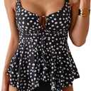 Tankini Swimsuit for Women Tummy Control Two Piece Bathing Suit V Neck Flowy Swimwear Top with Bottom (Small, Black White Spots)