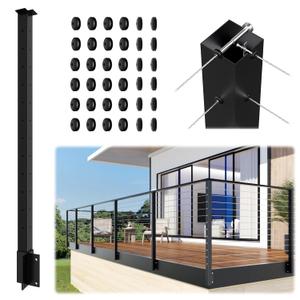 Side Mount Outer Corner Post 42" (Post Body 47.6"), Fixed Top Three Side Drilled Corner Post Cable Railing, Black Stainless Steel 304 Fascia Mount Metal Post with Inner Terminal & Cable Grommet