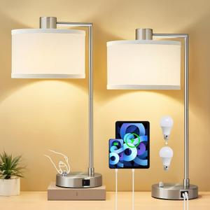Luvkczc Table Lamps for Living Room with USB C+A Ports - Fully Stepless Dimmable Bedsides Lamp with Linen Lampshade, Lamps for Night Stands Bedroom Reading Office, 2 LED Bulbs Included (Silver)