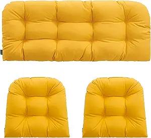 Outdoor/Indoor All Weather Tufted Wicker Chair Cushions of 3 Pieces, 1 Loveseat and 2 U-Shape Waterproof Cushions for Patio Furniture,Wicker Loveseat,Bench-Yellow