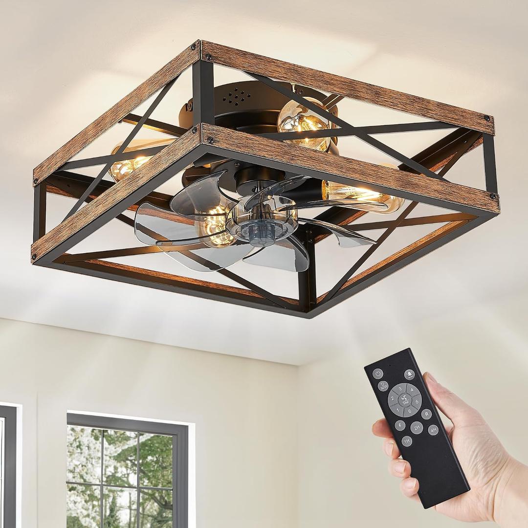 LEDIARY Caged Low Profile Ceiling Fans with Lights and Remote, Rustic Square Flush Mount Ceiling Fan, 6 Speed and Reversible, Small Farmhouse Bladeless Ceiling Fan for Bedroom, Kitchen, Dining Room, 16 Inch