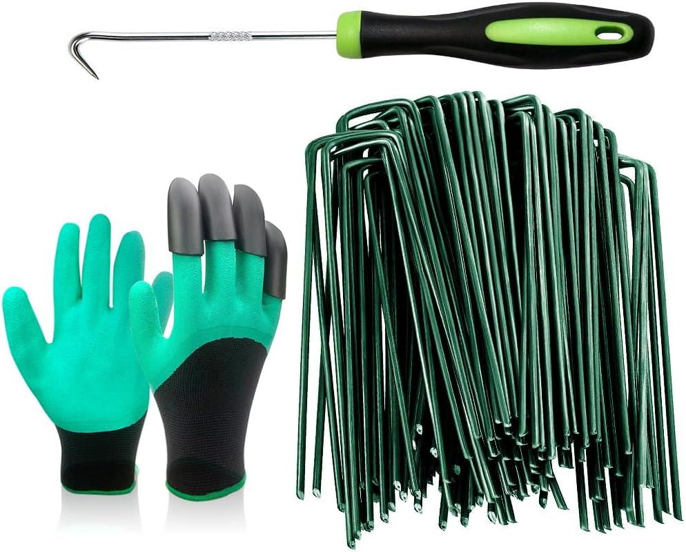 Bakulyor 200Pcs Green Landscape Staples 6 Inch Garden Artificial Turf Stakes Staples, 11 Gauge Lawn Galvanized Ground Fabric Pins for Weed Barrier Sod Decorations Holding Fence and Irrigation Tubing