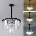 Black Modern Crystal Chandelier, 3-Tier Round Flush Mount Ceiling Light Fixtures Height Adjustable Pendant Lighting for Dining Room Living Room Bedroom Kitchen Hotel Foyer
