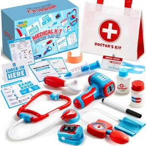 Play-Act Kids Doctor Kit, 16-Piece Medical Kit with Bag, Doctor Role Play Set with Realistic Toy Stethoscope, Reusable Record Cards, Dress Up Playset for Toddlers Ages 3+