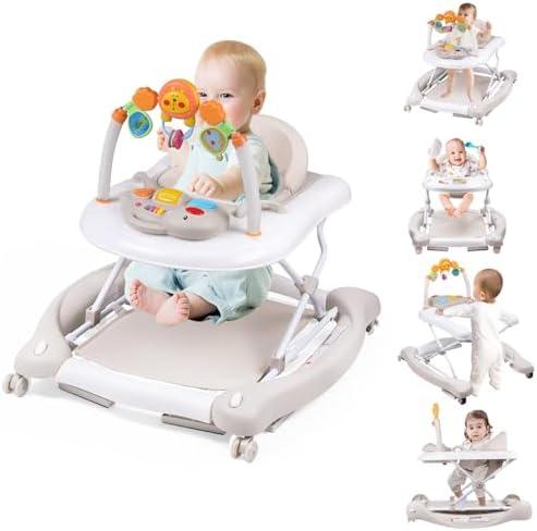 Boyro Baby Baby Walker, 5-in-1 Baby Walkers for Boys and Girls 6-12 Months with Bouncer, Removable Footrest, Feeding Tray & Music, Foldable & Adjustable Activity Walker for 6-18 Months Toddler Infant