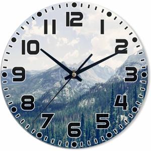 Mountain Peaks Wall Clock 10 inch Round Rocky Mountains Under The Clouds Silent Non Ticking Wood Wall Clocks Battery Operated Decorative Wall Clock for Bedroom Kitchen Living Room Bathroom