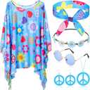 Hicarer 6 Pcs Hippie Costume Accessories Set Includes Headband Poncho Necklace Earrings Sunglasses for Women Girls