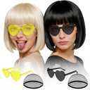 MEEZY 2 Pcs Neon Bob Wigs with Bangs Black Blonde for Women, Colorful Fun Wig Short Bob Hair with Heart Sunglasses Hair Cap for Halloween Costume Cosplay Photography Birthday Bachelorette Party