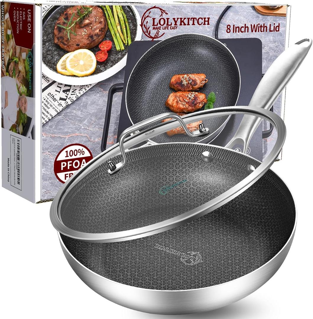 LOLYKITCH 8.5 Inch Tri-ply Hybrid Stainless Steel Non-Stick Saut Pan with Lid,Skillet,Induction Frying Pan,Skillet,Dishwasher and Oven Safe,Riveted Handle.