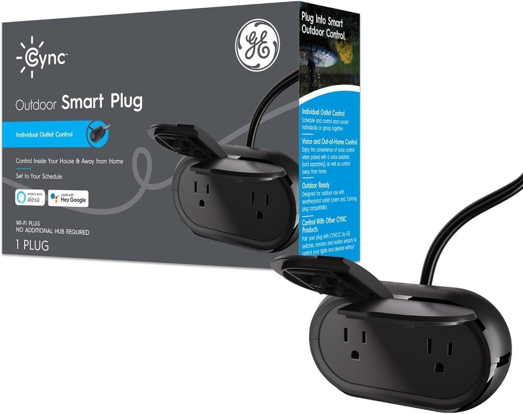 GE Cync Smart Plug, Outdoor Bluetooth and Wi-Fi Outlet Socket, Weather Resistant Plug, Works with Alexa and Google, Black (1 Pack)