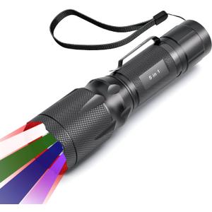 5-in-1 Multi-Color Zoomable Flashlight – White/Red/Blue/Green/UV Modes with Memory Function – Adjustable Focus for Camping, Emergencies | No Battery Included