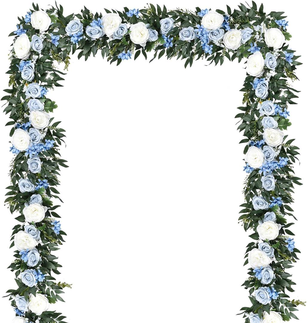 Lvydec 2 Pack Artificial Peony Flower Garland - 6ft Silk Peony Vine Willow Leaves Garland Blue and White Arch Flower Vine for Wedding Party Table Decoration (Blue)