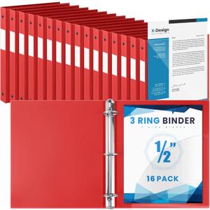 Henoyso 16 Pack 1/2 Inch 3 Ring Binder with Clear Cover Fit Letter Size 8.5" x 11" Paper Holds 140 Sheets, Bulk Binders for Organizing School, Office & Classroom Documents, 1 Pocket (Red)