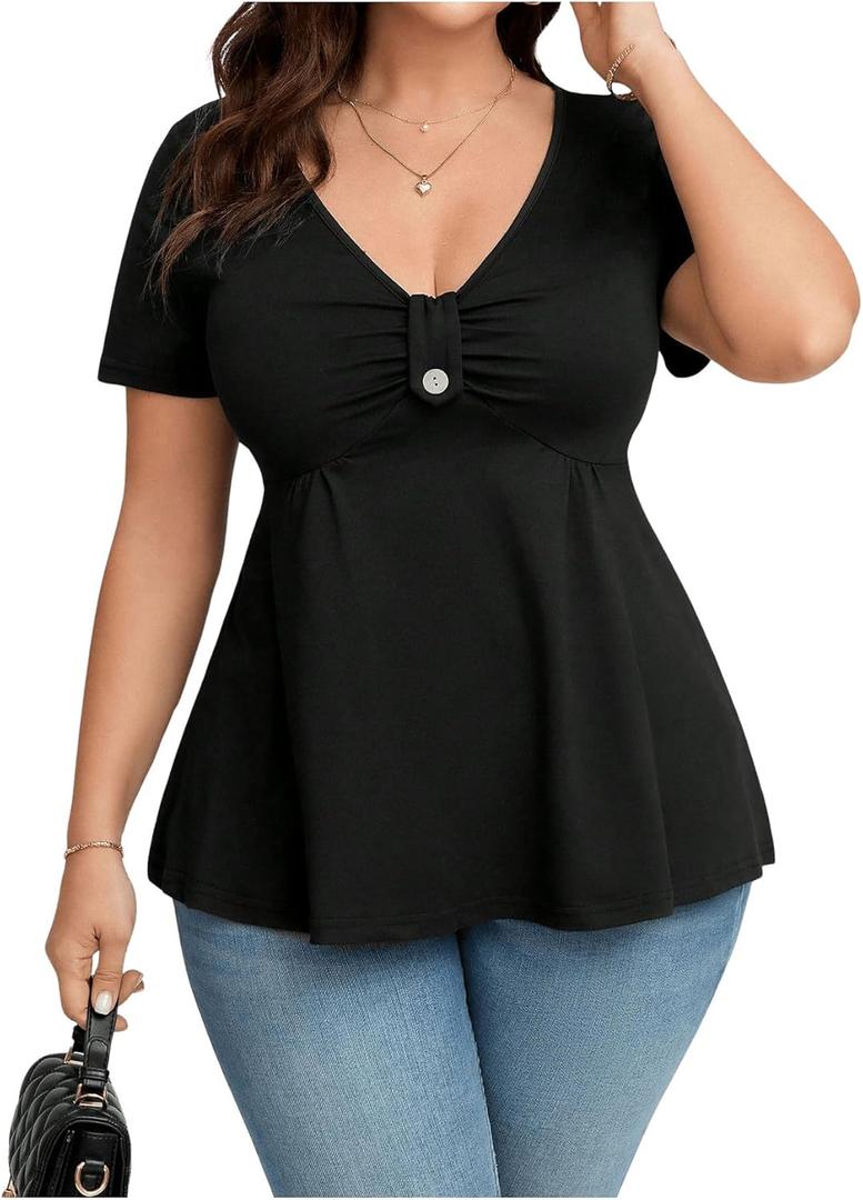 SOLY HUX Women's Plus Size Peplum Tops Casual Ruched Ruffle V Neck Short Sleeve T Shirts Cute Tees (Black, XL)
