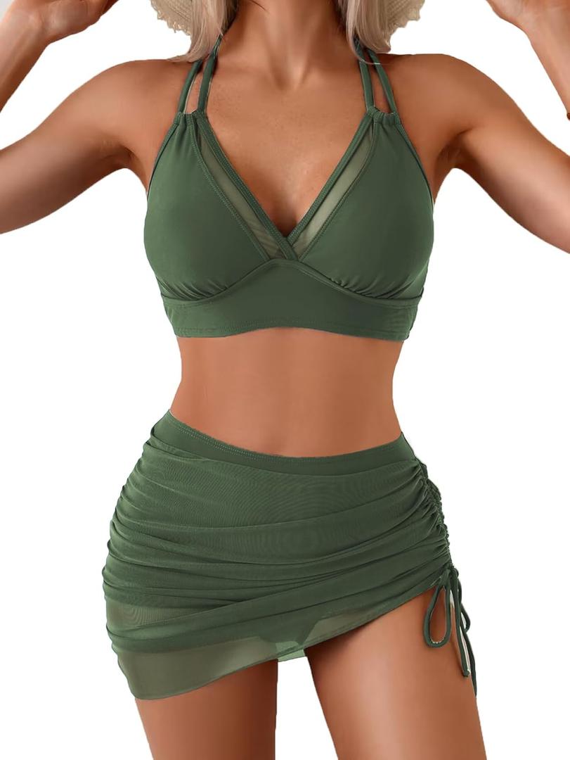 Fanuerg Womens High Waisted Bikini Sets Tummy Control Swim Skirt Swimsuits Mesh Sarong Wraps Two Piece Bathing Suits (Large, Army Green)