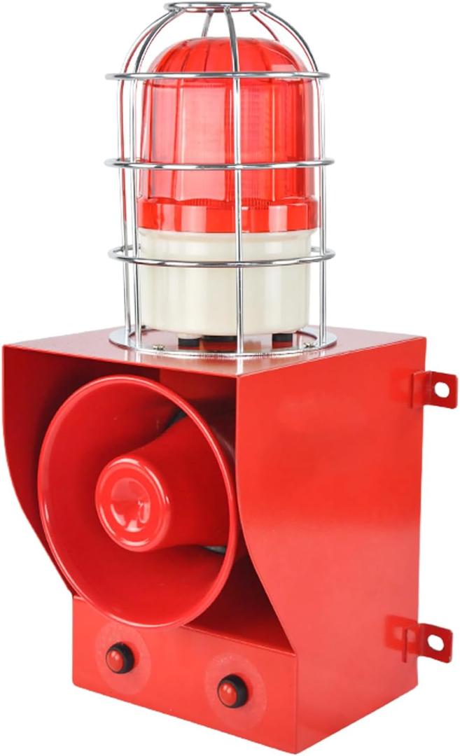 Alarm Siren Waterproof Indoor/Outdoor Security Emergency Adjustable 130dB Loudest Sirens with Beacon Light Protective Net Plug for Factory, Office, Warehouse, School AC110-120V