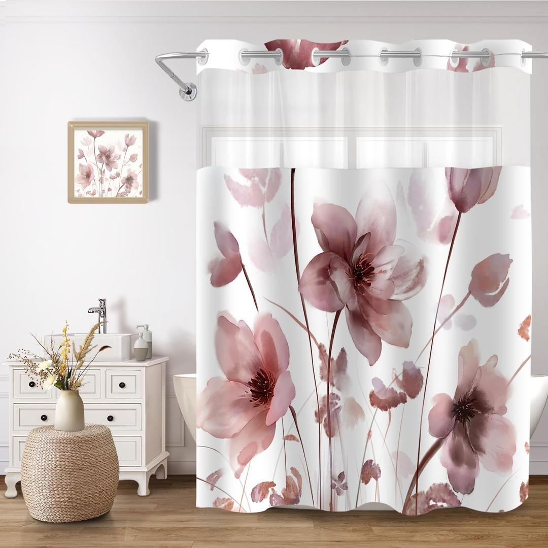 No Hook Shower Curtain and Liner Set, Red Boho Floral Shower Curtains for Bathroom, Watercolor Flower Waterproof Bathroom Curtain Sets with Snap in Liner, 71x84 Inch