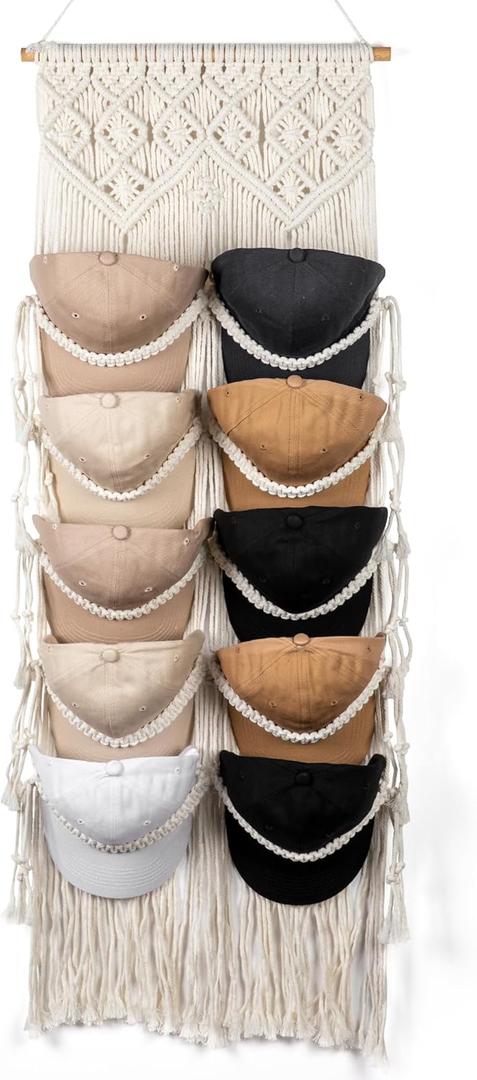 Macrame Hat Hangers for Wall Handmade Boho Baseball Cap Hanger Hand Knitting Cap Organizer Hat Holder for Wall Over Door Ball Hat Rack for Decoration Wardrobe Living Room Bedroom