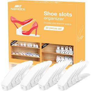 Neprock Shoe Slots Organizer, 20 Pack Adjustable Shoe Rack Stacker Storage Space Saver, Double Deck Shoe Rack Holder for Closet Organization (White)