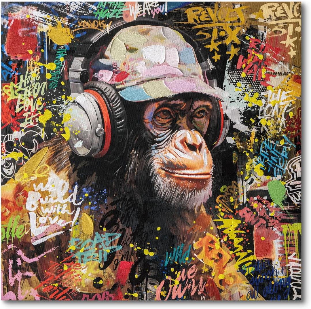 Modern Pop Art Monkey Canvas Wall Art, Street Graffiti Gorilla Canvas Painting, Abstract Banksy Listening To Music Monkey Posters Wall Art Living Kids Room Home Decoration, Ready to Hang 20 x20 IN Modern Pop Art Monkey Canvas Wall Art, Street Graffiti Gorilla Canvas Painting, Abstract Banksy Listening To Music Monkey Posters Wall Art Living Kids Room Home Decoration, Ready to Hang 20 x20 IN