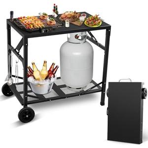KHAMAL Grill Cart Outdoor with Wheels - Foldable Pizza Oven Stand Table, Portable Dining Cart Table for Outdoor, BBQ, Indoor, Kitchen(Black with Silver Handle)