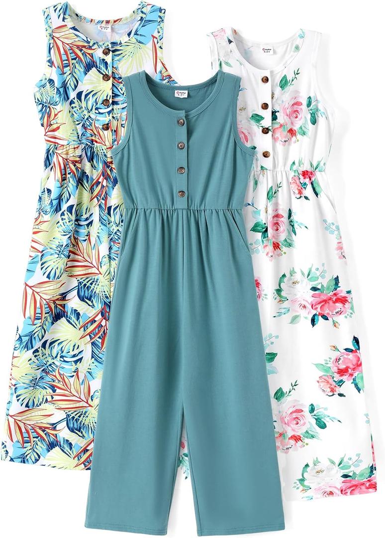 PATPAT 3 Pack Girls Jumpsuits Solid Color Floral Print Button Down Sleeveless Jumpsuits Long Romper Pants with Pockets 5-12Y (9-10 Years, Leaf: Green/White/Solid)