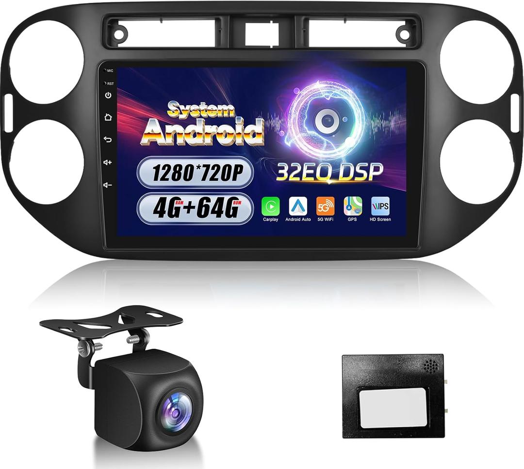 Upgraded 4GB+64GB Car Radio Stereo for VW Tiguan 2006 2007 2008 2009 2010 2011 2012 2013 2014 2015 2016 with Wireless Carplay/Android Auto, 32EQ DSP, 5GHz WiFi & GPS Navigation + AHD Rear View Camera