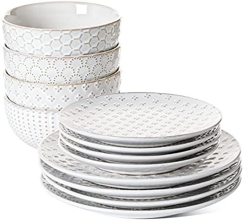 LE TAUCI Dinnerware Sets 12 PCS, Ceramic Plates and Bowls Set, Suit For Housewarming (10" Dinner Plate + 8" Salad Dish + 26 oz Cereal Bowl) x 4, Oven safe - Arctic White