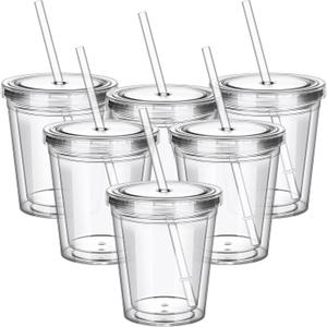6 Pcs Clear Tumblers with Lid and Straw for Kids, 12 oz Insulated Acrylic Double Wall Cups Toddlers Reusable Plastic Cup Kids Bulk (Clear Lid)