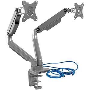 Mount-It! Dual Monitor Arm Mount Desk Stand | 2 x 3.0 USB Ports | Articulating Mechanical Spring Height Adjustable | Fits Two 24 27 29 30 32 Inch VESA 75 100 Compatible Screens | C-Clamp and Grommet