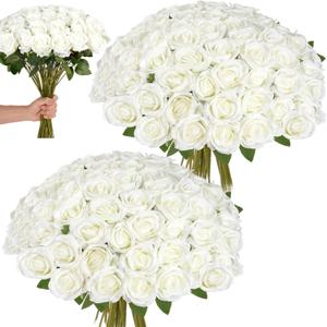 White Roses Artificial Flowers Bulk, 52Pcs Fake Roses Flower Arrangement, DIY Silk Flowers Roses Bouquet, Realistic Faux Artificial Roses for Mother's Day Home Table Decor
