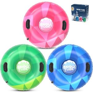 WOLKEK 3Pack Snow Tubes, Snow Sled for Kids and Adults, Cold-Resistant Inflatable Snow Tube, Thickened Heavy Duty Sleds for Winter with Handles, Snow Toys, Snow Sleds for Family Activities Outdoor Fun (Green, Pink, Blue)