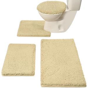 Madeals Bath Rug Set 4 Piece with Toilet Lid Cover, Soft Shaggy Bath Rug Set 3 Piece and U-Shaped Toilet Floor Rug Beige