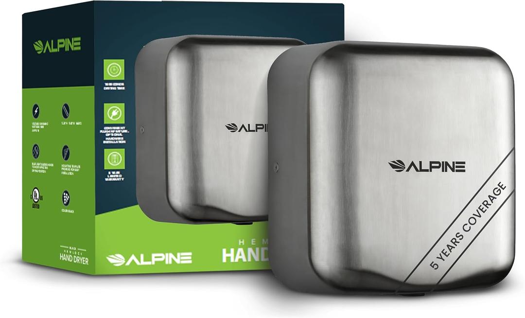 Alpine Industries 400-10-SSB Alpine Hemlock Automatic Hand Dryer - Heavy Duty Stainless Steel - Commercial High Speed Hot Air Hand Blower | 1800Watts | 110-120Volts | Quick & Easy Installation, Brushed Stainless Steel
