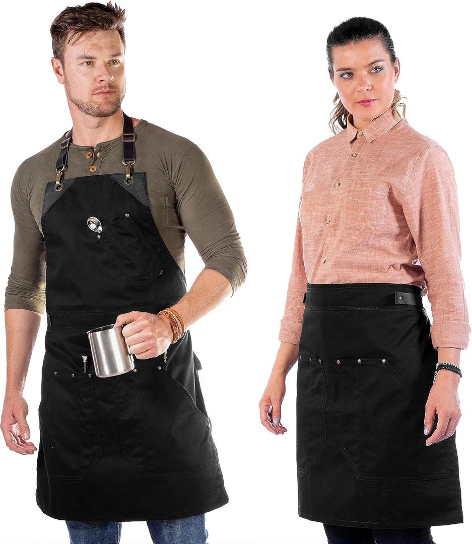 Under NY Sky Barista Apron - Black Leather Straps and Reinforcement - Riveted Pockets - Double Stiched - Leather Ring Loop - Professional Black Twill - Double as Half Bistro Apron - Chefs, Bartender