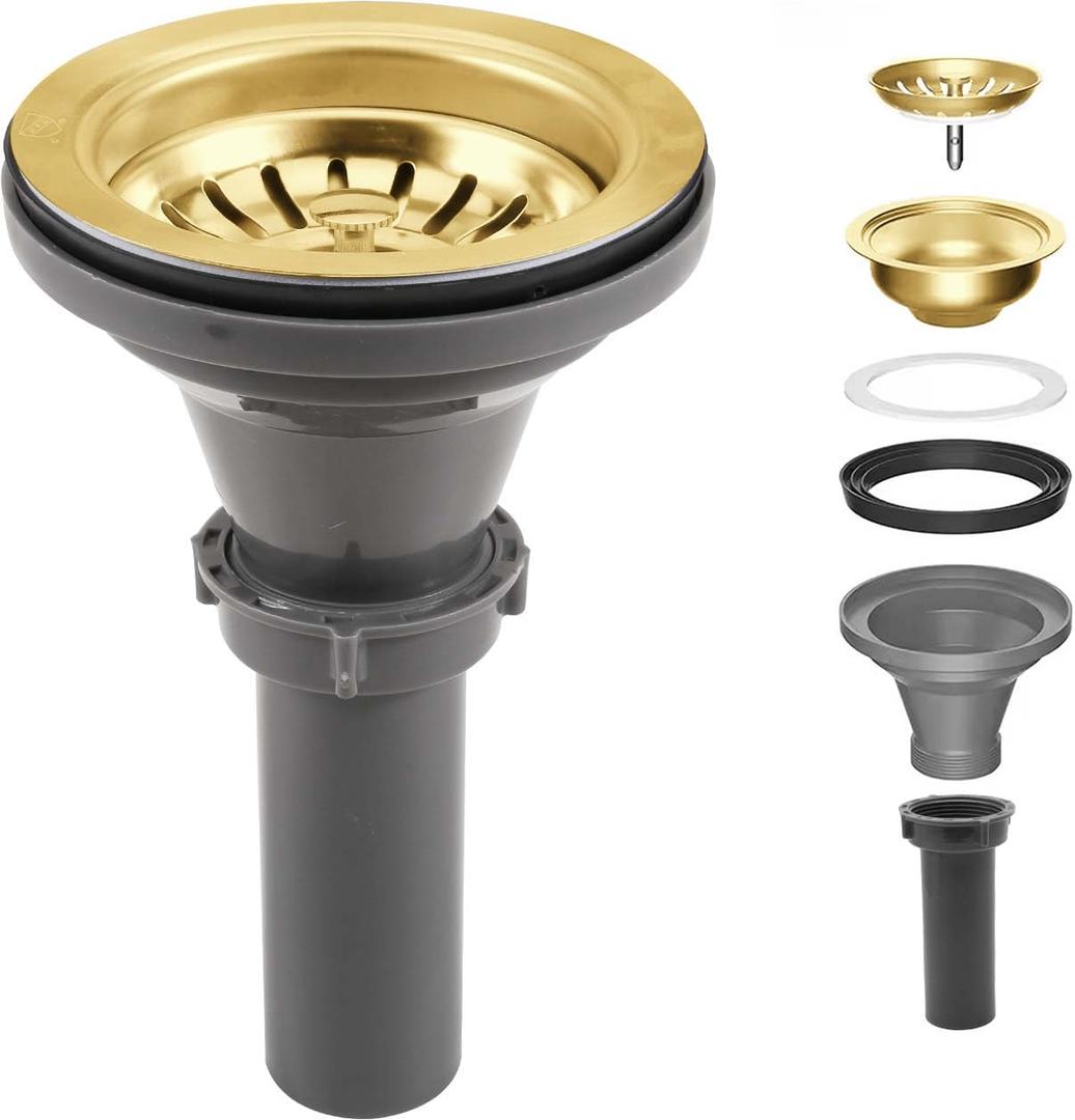 3-1/2'' Kitchen Sink Drain Kit Sink Drain Basket Sink Drain Assembly 304 Stainless Steel Sink Strainer Drain Basket Replacement Fit Standard Sink Drain Hole(Gold)