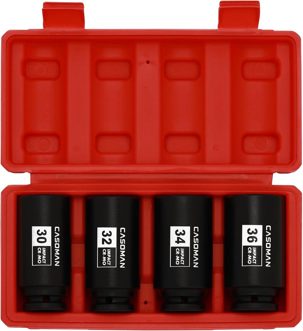 CASOMAN 1/2-Inch Drive Deep Spindle Axle Nut Impact Socket Set,12 Point Metric, CR-MO, 30,32,34,36mm, 4-Piece 1/2" Heavy Duty Impact Socket Set