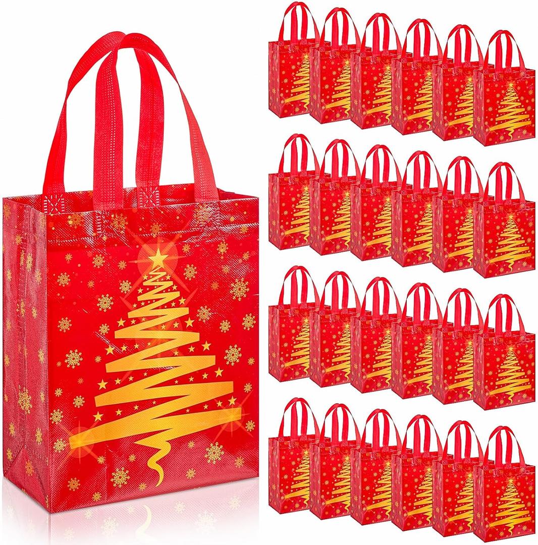Threlaco 30 Pcs Christmas Gift Bags Bulk Reusable Non Woven Christmas Tree Red and Gold Goodie Treat Bags with Handles for Xmas Holiday Party Favors Gifts Wrapping, 10 x 8 x 4 Inch