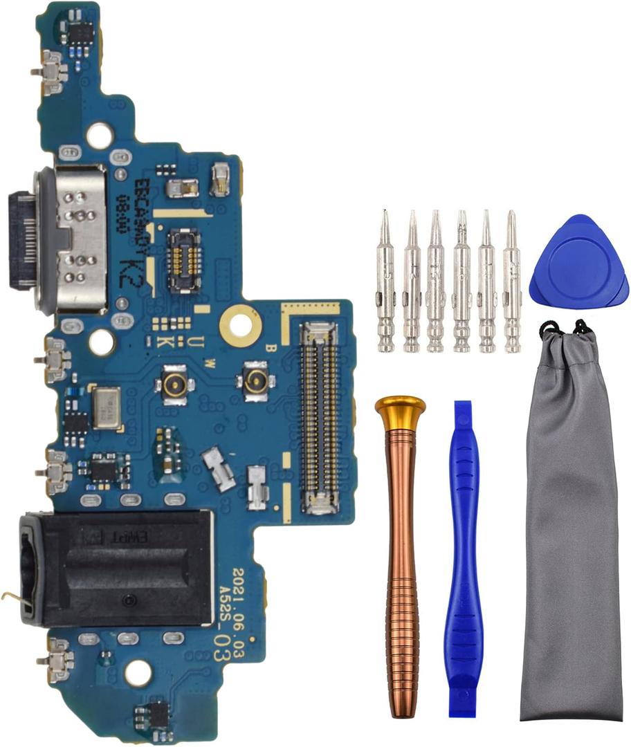 USB Charging Port Replacement Part Assembly Board for Samsung Galaxy A52s 5G SM-A528B with Microphone Headphone Jack and Tool Kit