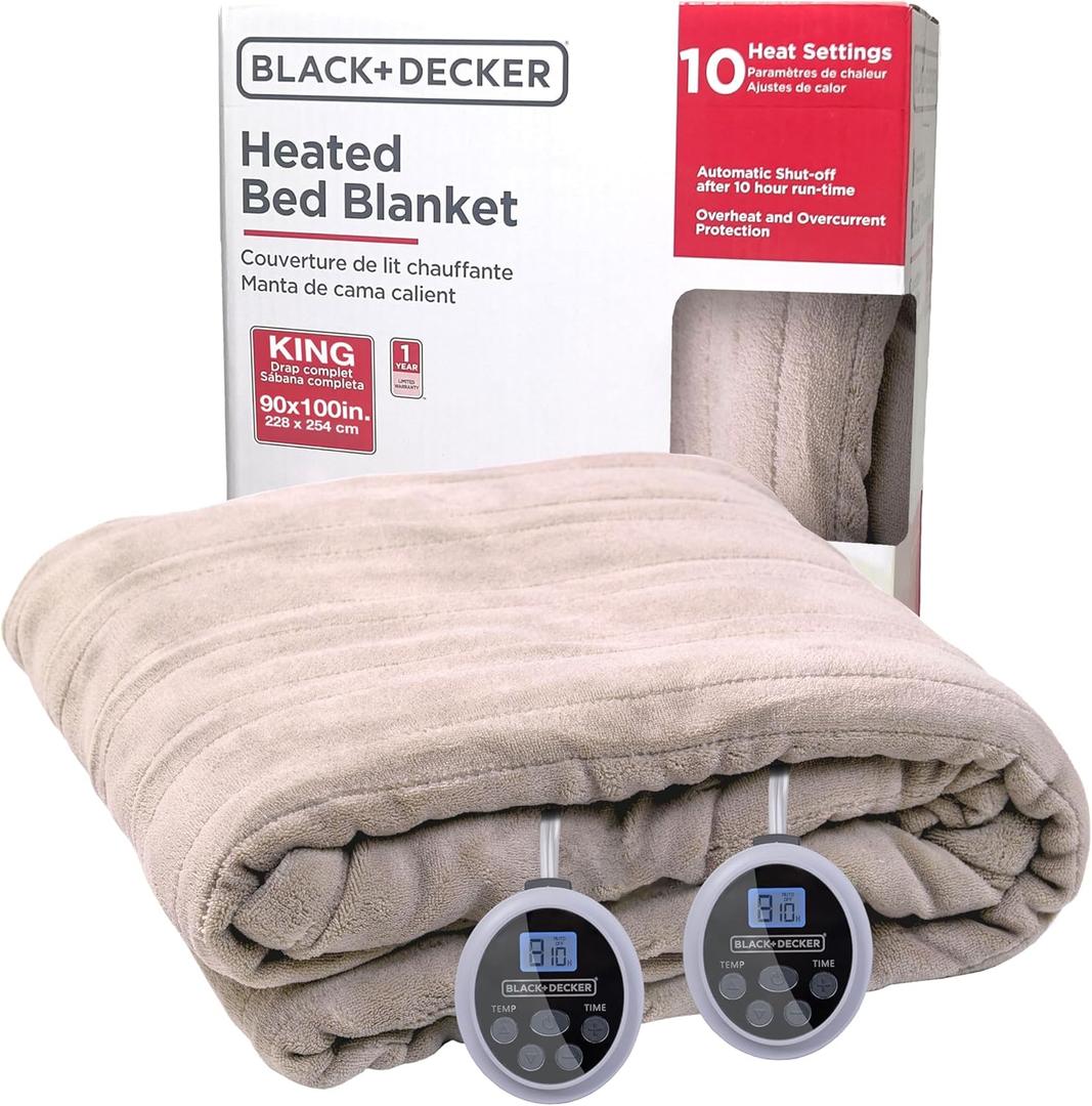BLACK+DECKER Heated Blanket Electric King, Micro Plush Electric Blanket, Heating Blanket with 10 Heating Levels, 10H Timer, Auto Shutoff, Dual Zone Heating, Fast Heating (90x100 inches, Cream)