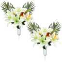 GRPFS Artificial Cemetery Flowers Set of 2 Graveyard Memorial Lily Flowers with Vase for Cemetery Headstones Decoration Bouquet, White