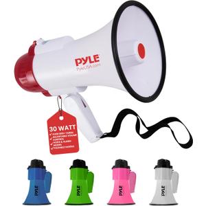 Pyle Lightweight 30-Watt Megaphone Bullhorn Speaker - Adjustable Volume, Built-in Siren for 800-Yard Range Suitable for Indoor/Outdoor Sports, Cheerleading, and Events (PMP30) (White)