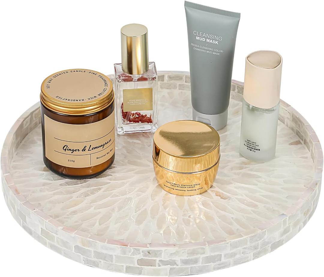 12.5" Lazy Susan for Table Top  Mother of Pearl Spinning Turntable Serving Tray, Marble Lazy Susan Organizer for Dining Table Centerpiece, Kitchen Island Decor, Bathroom Counter, Outdoor Use (White)