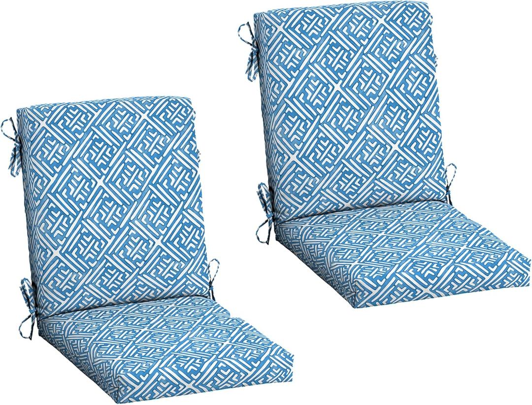 Arden 2-Pack Outdoor Patio Dining Chair Cushion, 20x44, Rain-Proof Seat Pad, Fade-Resistant Outdoor Cushion Amalfi Blue Tile