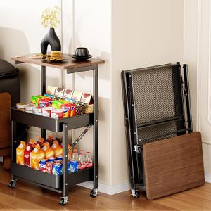 PureBox 3-Tier Rolling Cart with Lockable Wheels, Portable Storage Cart Organizer, Premium Wood Top & Carbon Steel Basket, Sturdy Multifunctional Utility Cart for Kitchen, Living Room, Black